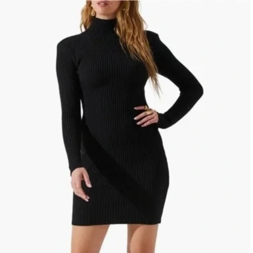 Astr The Label Gwendolyn Black Funnel Neck Ribbed Sweater Dress - Size XS